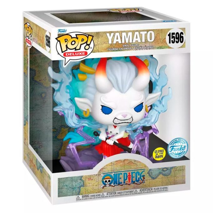 Figura Funko Pop de Yamato, con cabello azul y detalles rojos, en caja transparente.