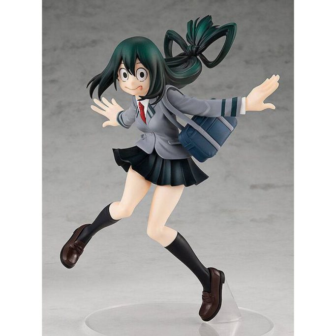 Figura de una estudiante con cabello verde, saltando y llevando una mochila.