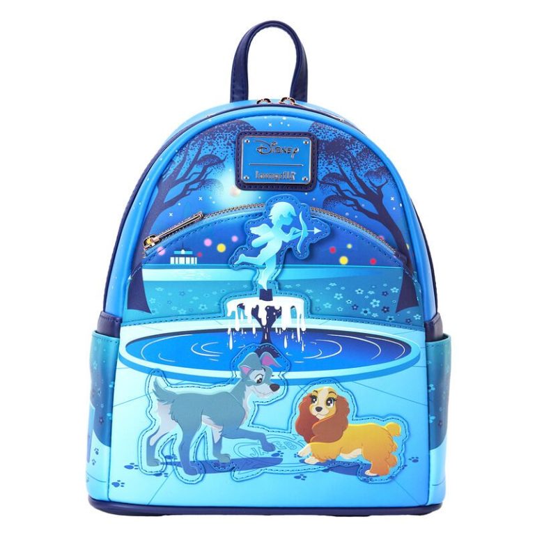 Mochila azul con diseño de perros junto a una fuente, estilo artístico.