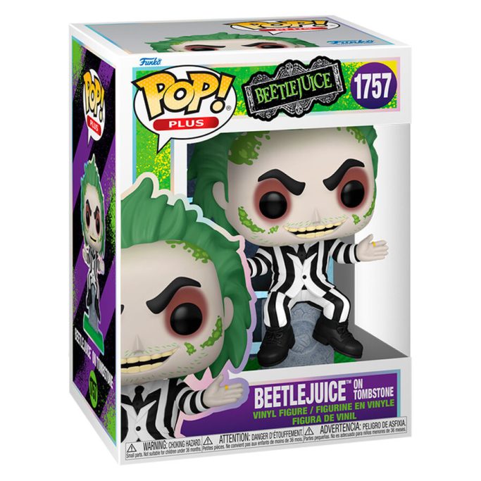 Figura de Beetlejuice en formato Pop, con cabello verde y traje a rayas.