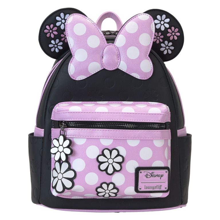 Mochila rosa con lunares, lazos y orejas de ratón, decorada con flores.