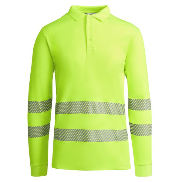 Camisa de polo de manga larga color verde fluorescente con franjas reflectantes.