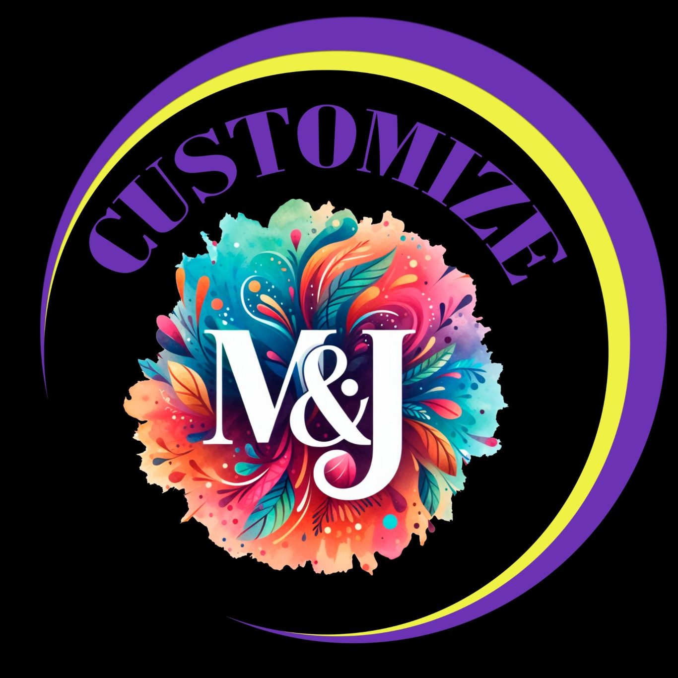 Logo colorido con "M&J" y la palabra "CUSTOMIZE" en letras prominentes.