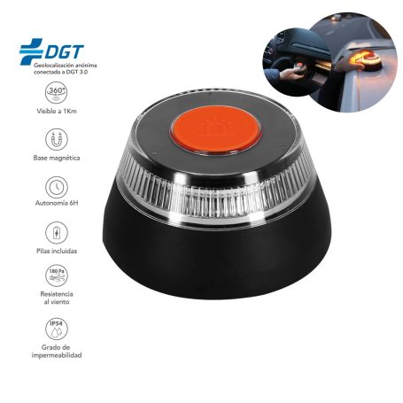 Luz de emergencia con base negra y botón rojo, ideal para señalización.