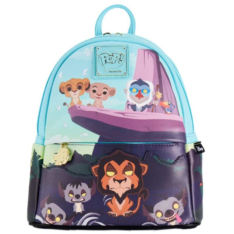 Mochila con personajes animados, incluyendo un león y otros animales de la selva.