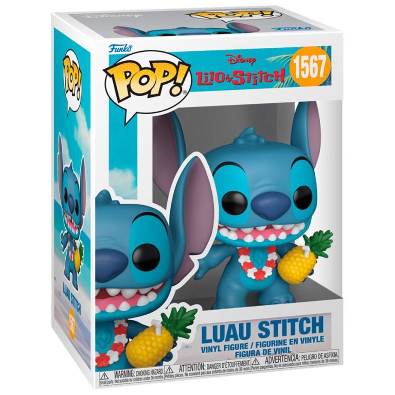 Figurita de colección de Stitch con una piña, usando un collar de flores.