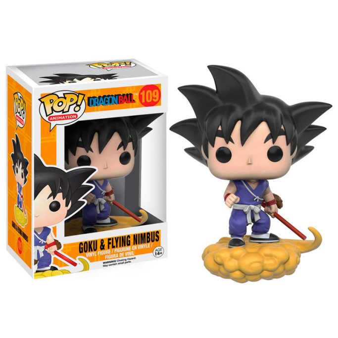 Figura de colección de Goku, con traje azul y nube, junto a su caja.