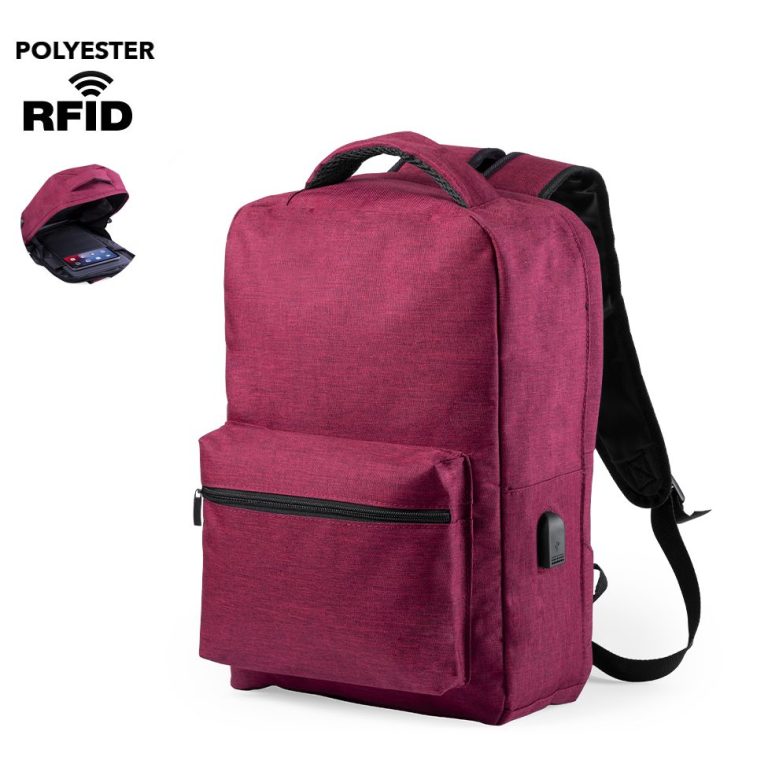 Mochila roja de poliéster con protección RFID y un bolsillo frontal.