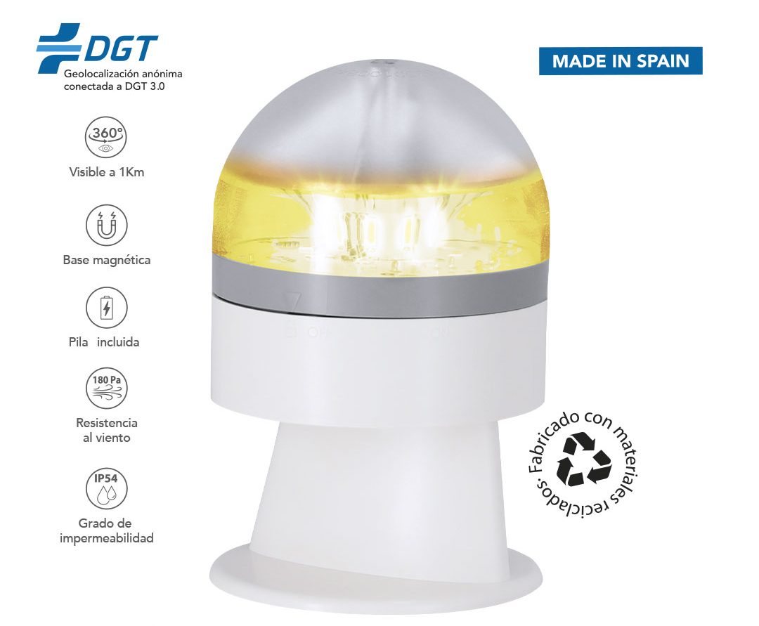 Luz de señalización con base blanca y cúpula transparente y amarilla. Hecha en España.