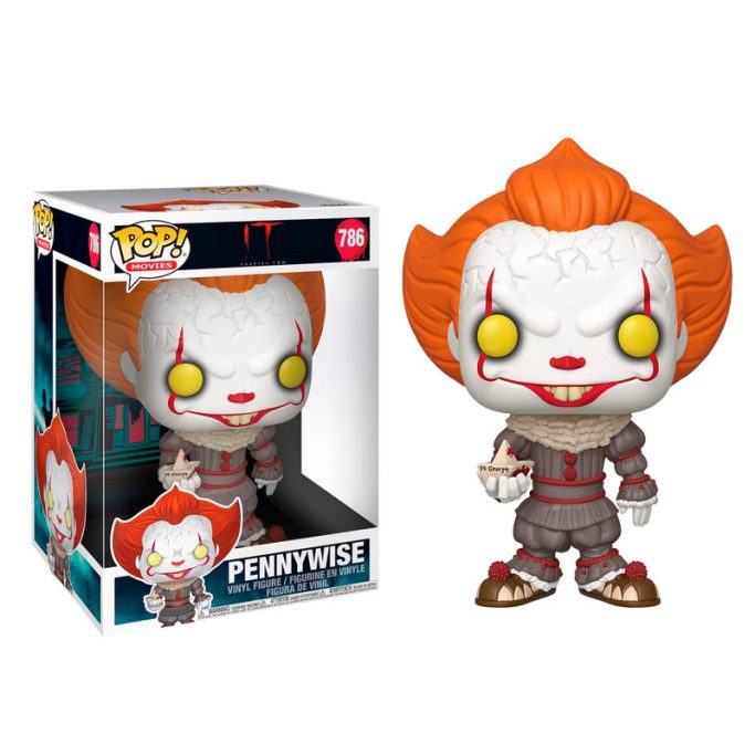 Figura de acción de Pennywise con cabello naranja y traje rayado, junto a su caja.